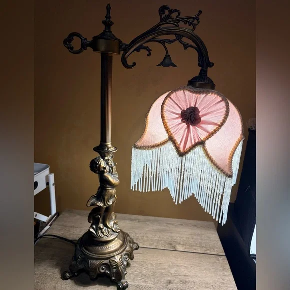 Vintage Cherub Bridge Arm Table Lamp Beaded Fringe Shade Victorian Boudoir Lamp - Picture 2 of 3